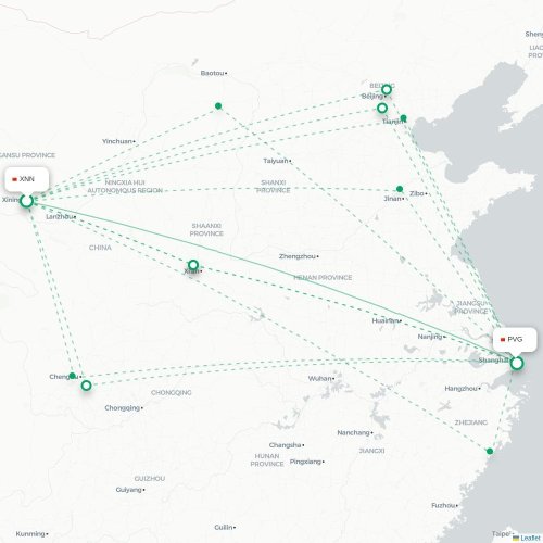 Mapa lotu bezpośredniego Xining – Szanghaj