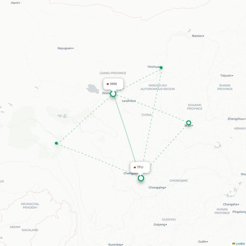 Mapa lotu bezpośredniego Xining – Chengdu
