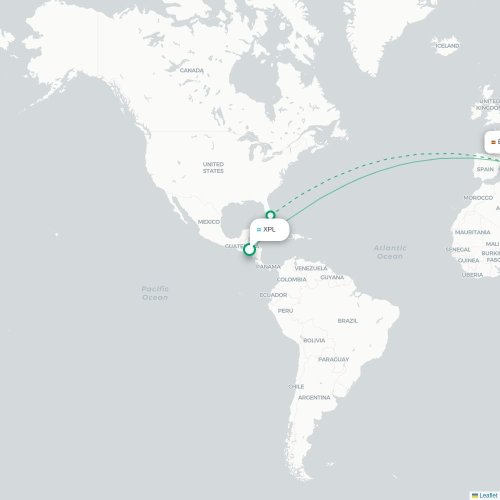Mapa de vuelo directo Comayagua - Barcelona