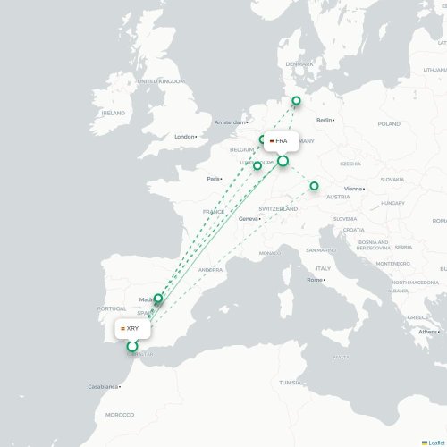 Mapa de vuelo directo Jerez de la Frontera - Fráncfort