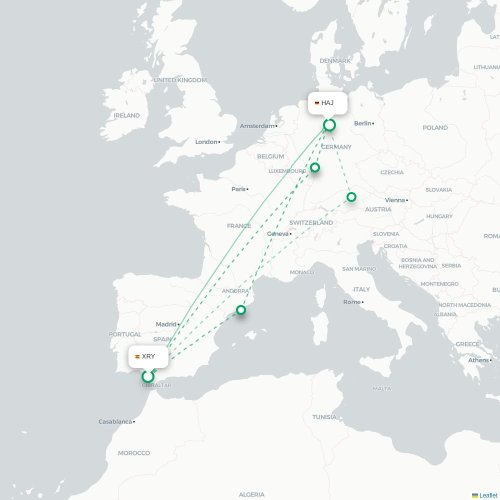 Mapa de vuelo directo Jerez de la Frontera - Hannover
