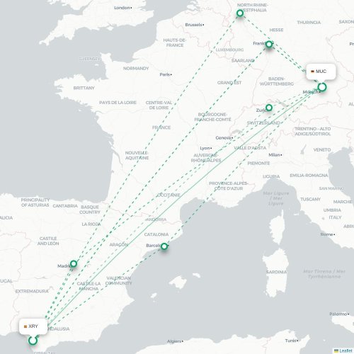 Mapa de vuelo directo Jerez de la Frontera - Múnich