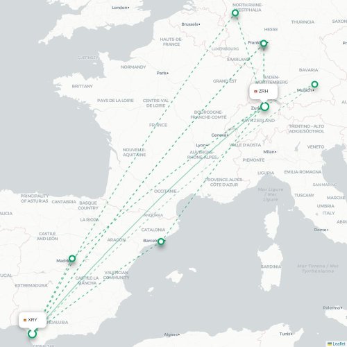 Mapa de vuelo directo Jerez de la Frontera - Zúrich