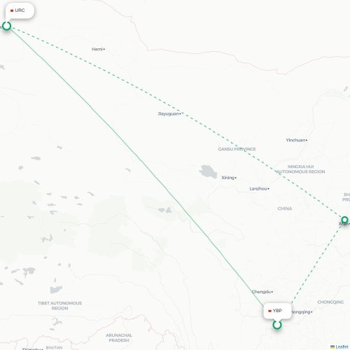 Mapa lotu bezpośredniego Yibin – Urumczi