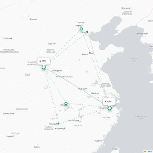 Mapa lotu bezpośredniego Yuncheng – Hangzhou