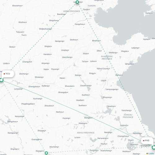 Mapa lotu bezpośredniego Yuncheng – Szanghaj