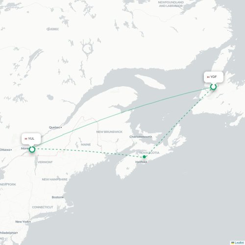 Mapa de vuelo directo Deer Lake - Montreal