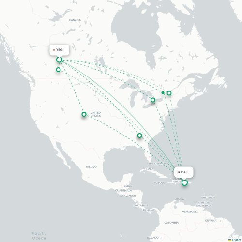 Mapa de vuelo directo Edmonton - Punta Cana