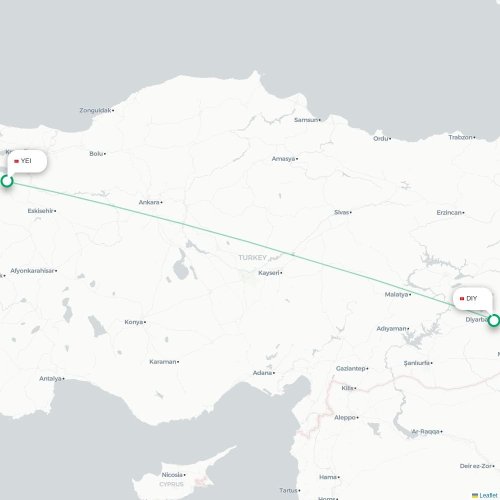 Mapa de vuelo directo Bursa - Diyarbakır