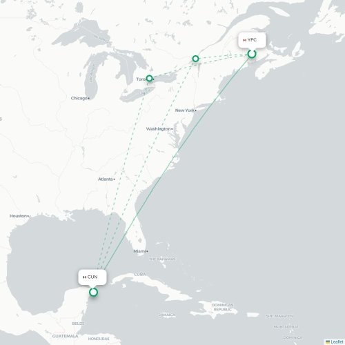 Mapa de vuelo directo Fredericton - Cancún