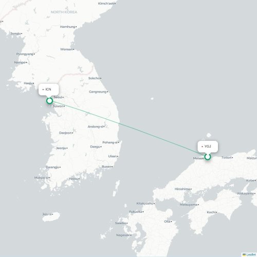 Mapa lotu bezpośredniego Yonago – Inczhon
