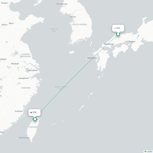 Mapa lotu bezpośredniego Yonago – Tajpej