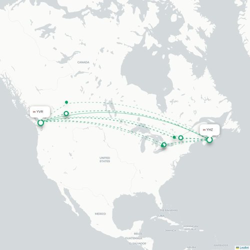 Halifax - Vancouver kort over direkte fly