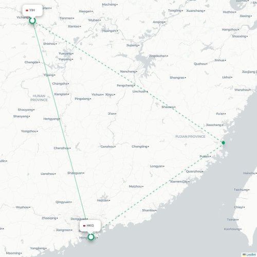 Mapa de vuelo directo Yichang - Hong Kong