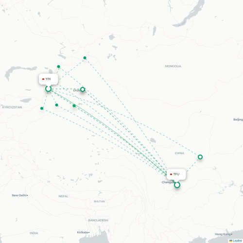 Mapa lotu bezpośredniego Ili – Chengdu