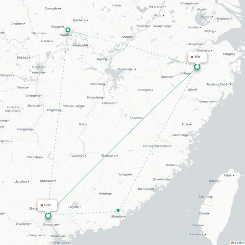 Mapa lotu bezpośredniego Jinhua – Kanton