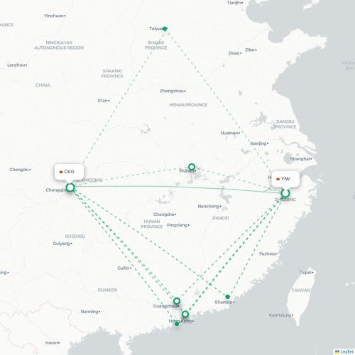 Mapa lotu bezpośredniego Jinhua – Chongqing
