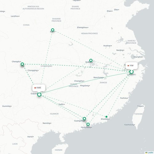 Mapa lotu bezpośredniego Jinhua – Guiyang