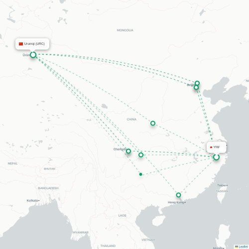 Mapa lotu bezpośredniego Jinhua – Urumczi