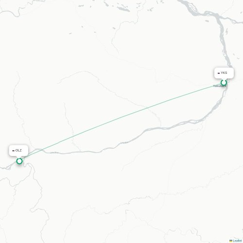 Mapa de vuelo directo Yakutsk - Olyokminsk