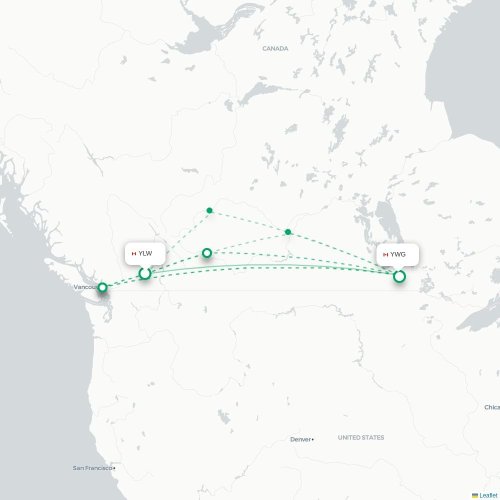 Mapa de vuelo directo Kelowna - Winnipeg