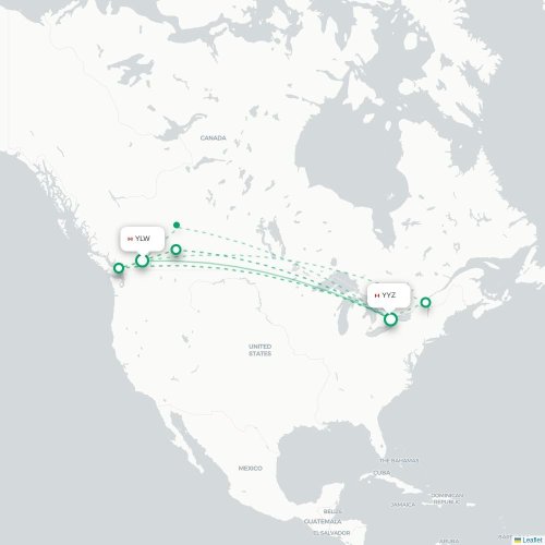 Mapa de vuelo directo Kelowna - Toronto