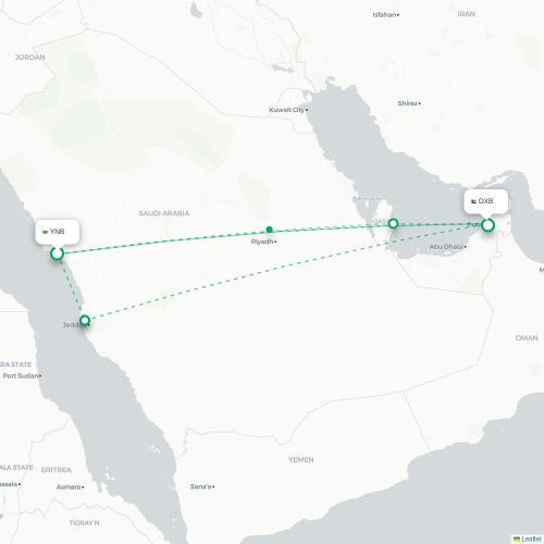 Yanbu - Dubai kaart van rechtstreekse vlucht