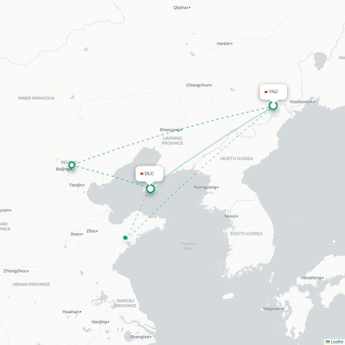 Mapa lotu bezpośredniego Yanbian – Dalian