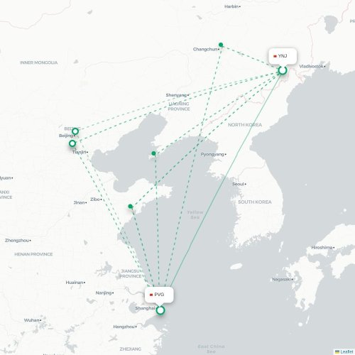 Mapa lotu bezpośredniego Yanbian – Szanghaj