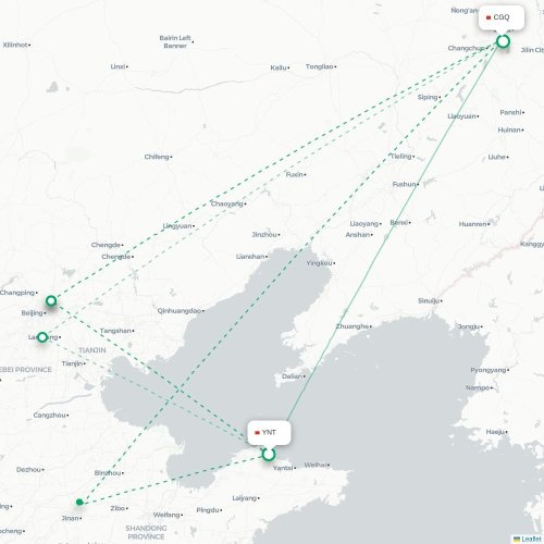 Mapa lotu bezpośredniego Yantai – Changchun
