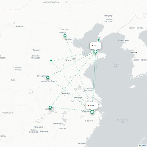 Mapa lotu bezpośredniego Yantai – Hangzhou