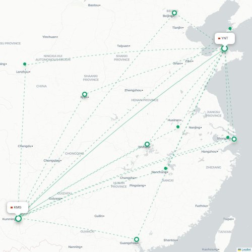 Mapa de vuelo directo Yantai - Kunming