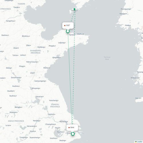 Mapa lotu bezpośredniego Yantai – Szanghaj
