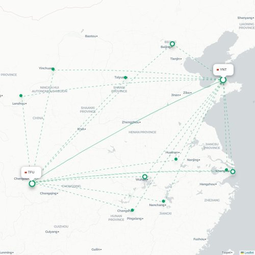 Mapa de vuelo directo Yantai - Chengdu