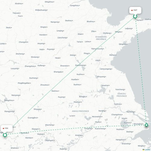 Mapa de vuelo directo Yantai - Yichang
