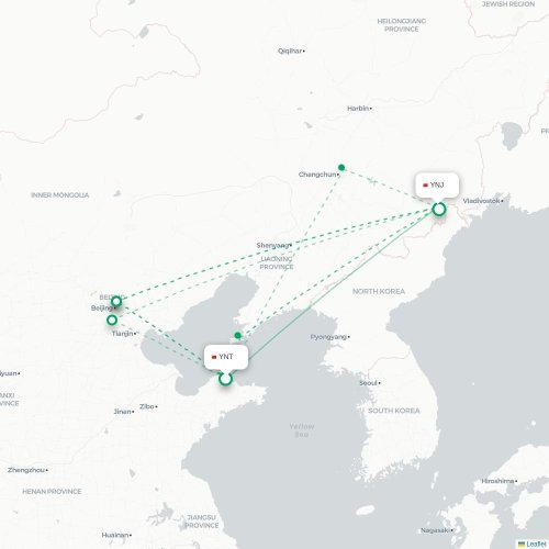 Mapa lotu bezpośredniego Yantai – Yanbian