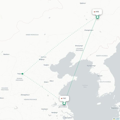 Mapa lotu bezpośredniego Yancheng – Harbin