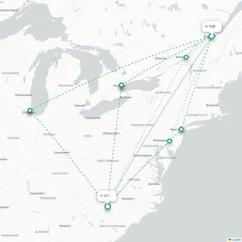 Mapa de vuelo directo Quebec - Charlotte