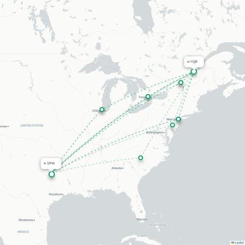 Mapa de vuelo directo Quebec - Dallas