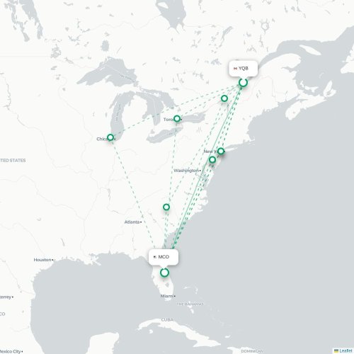 Mapa de vuelo directo Quebec - Orlando