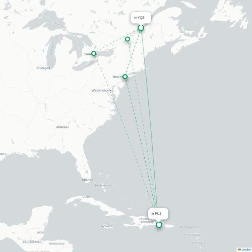 Mapa de vuelo directo Quebec - Punta Cana