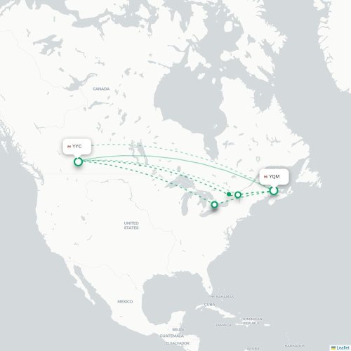 Moncton - Calgary direct flight map