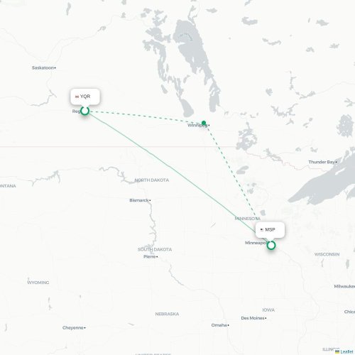 Mapa lotu bezpośredniego Regina – Minneapolis