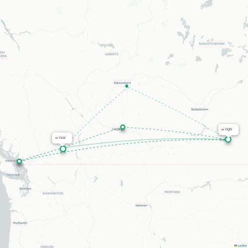 Mapa de vuelo directo Regina - Kelowna