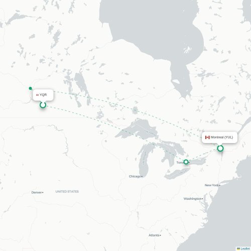 Mapa lotu bezpośredniego Regina – Montreal