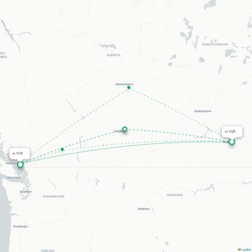 Mapa de vuelo directo Regina - Vancouver