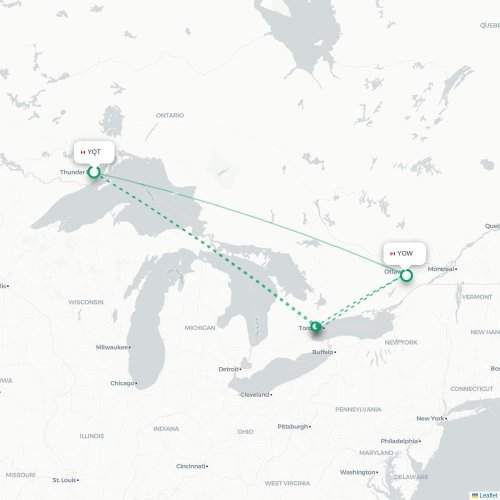 Mapa lotu bezpośredniego Thunder Bay – Ottawa