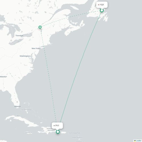 Mapa de vuelo directo Gander - Punta Cana