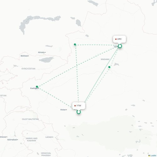 Mapa lotu bezpośredniego Hoten – Urumczi