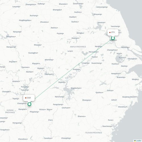 Mapa lotu bezpośredniego Yangzhou – Changsha
